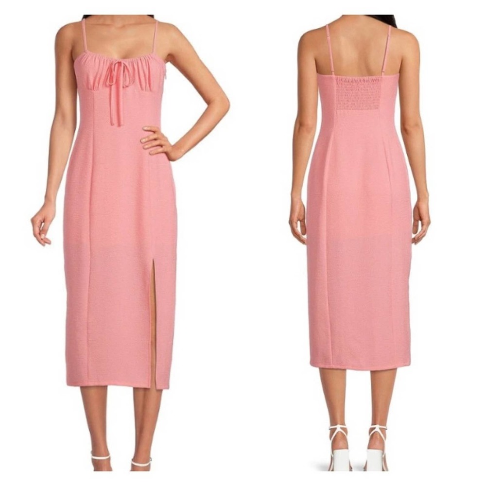 Gianni Bini Maya Pink Ruched Tie Neck Sleeveless Sheath Slit Midi Dress …